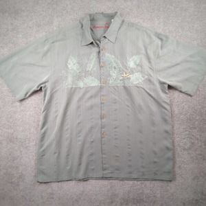 Bamboo Cay Shirt Mens XL Gray Green Hawaiian Embroidered Bird of Paradise Chest